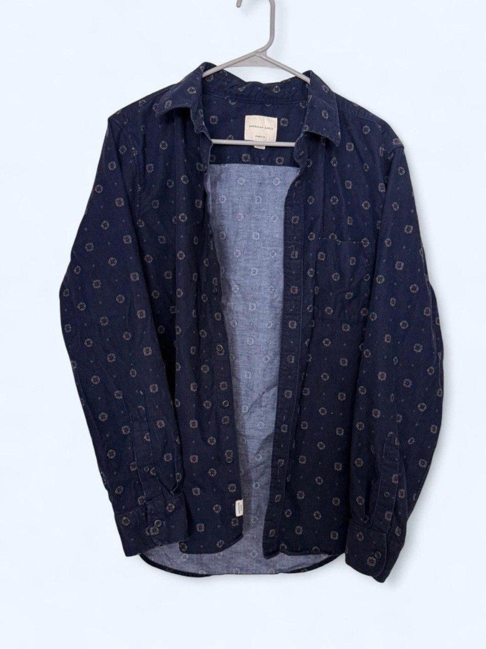 American Eagle Navy Button-Up Shirt with Small Floral Motif